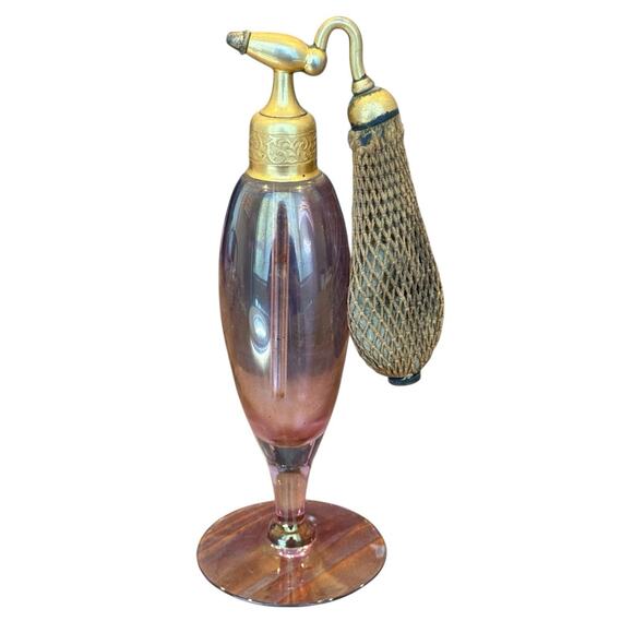 Antique Art Deco 1920’s Perfume Atomizer Glass Bottle Dusty Pink 6” Gold Tone - Picture 15 of 15
